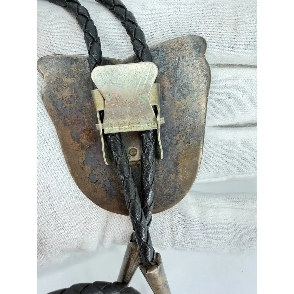 Vintage Sterling Silver Turquoise Bolo Tie Leather Cord Southwestern 59.2g